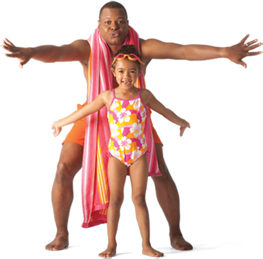 Man and girl swimming